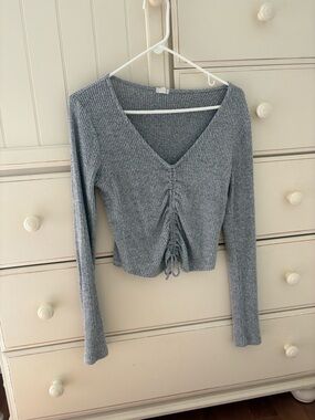 Garage Gray Ribbed V-Neck Long Sleeve with Front Drawstring